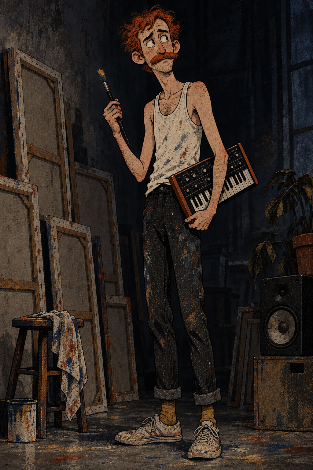 Cartoon of a tall redheaded man with a mustache and white tank top, holding a paintbrush and synthesizer in a dim studio