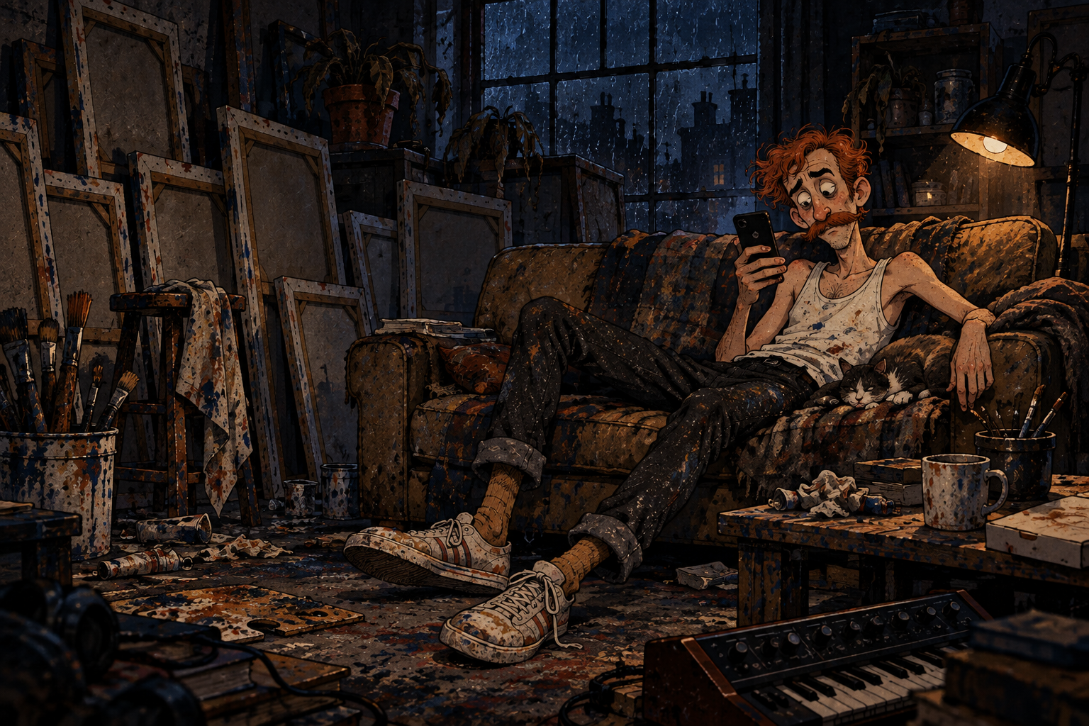 Smiley slumped on a couch scrolling his phone while unfinished canvases gather dust