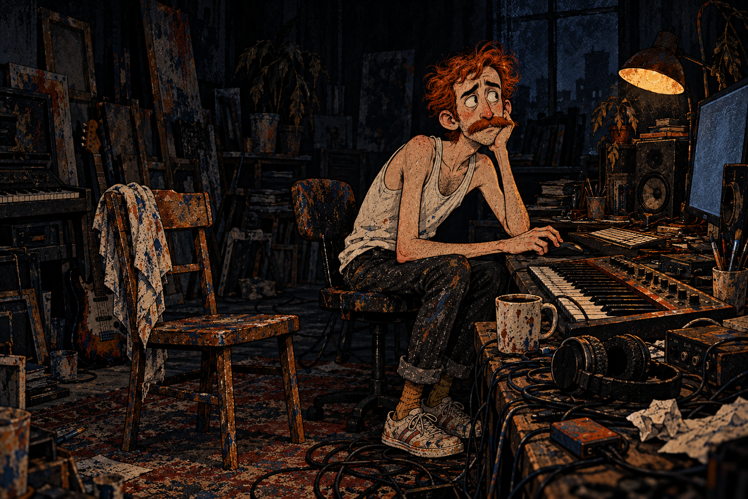 Smiley alone at his keyboard in a dim room, hesitating over another unreleased recording